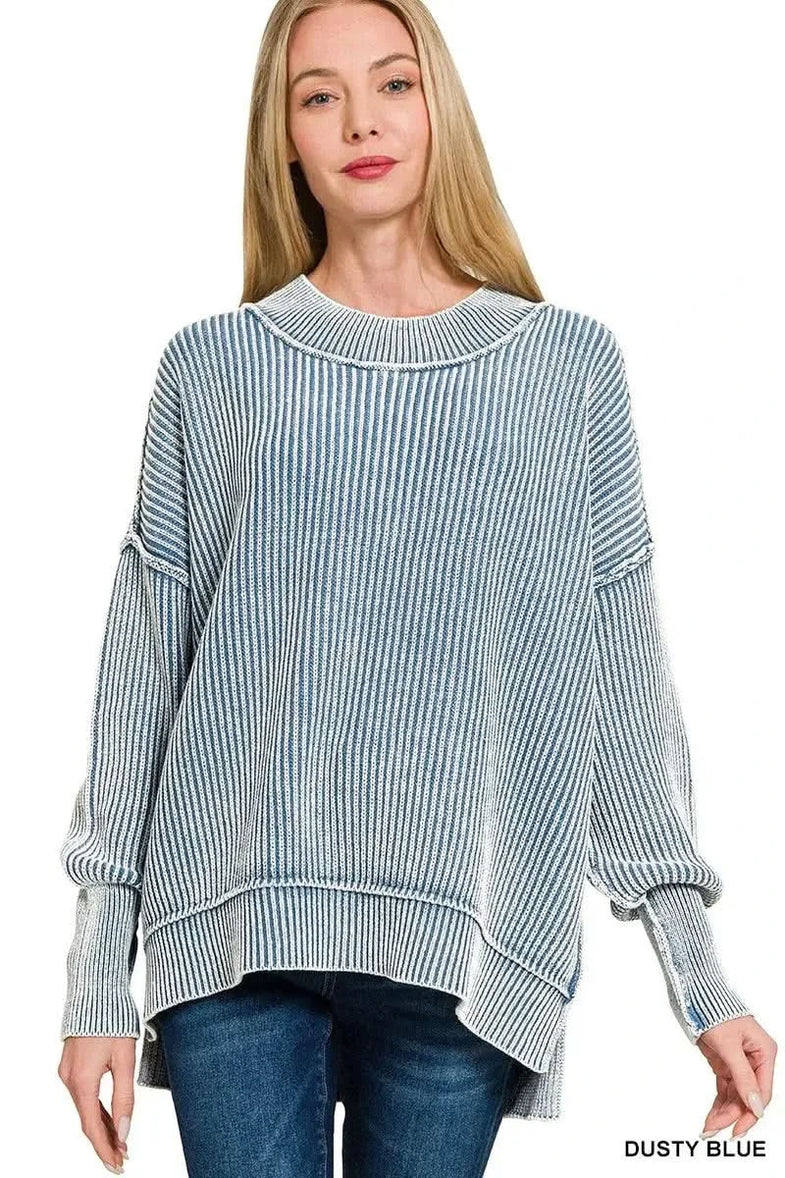 Zenana Washed Side Slit Oversized Sweater - SwagglyLife Home & Fashion